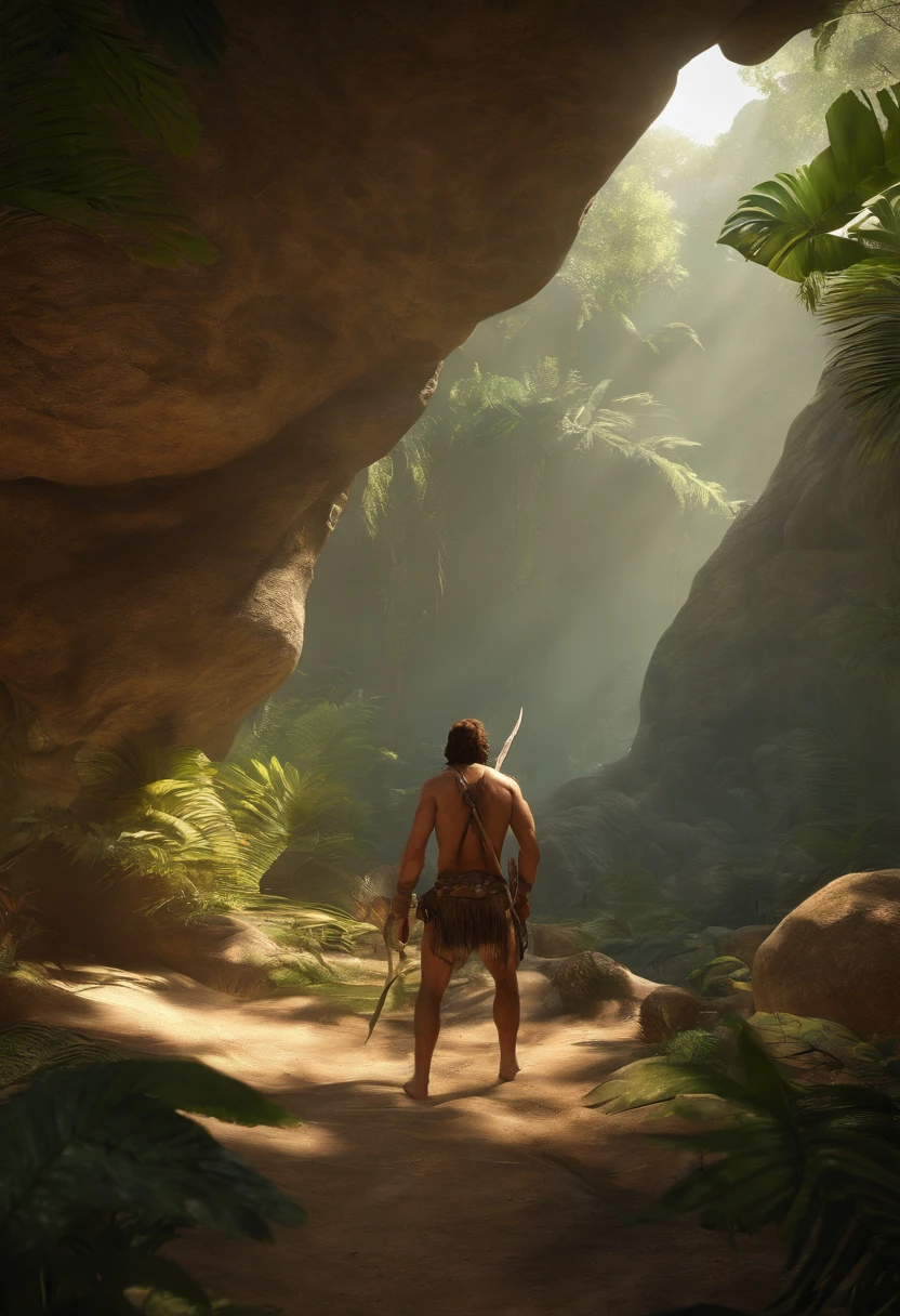 A photo of bob discovering a hidden cave filled with ancient dinosaur fossils.,Ark survival evolved,bob is a neanderthal looking man who carries primative tools and wears only a loincloth. he is strong from surviving on an island inhabitated by dinosaurs