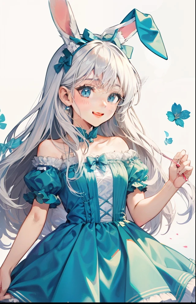 girl with、Background white、without background、white hair、The long-haired、Contrasting bangs、Blue and white dress、frilld、bow ribbon、bunnygirl、Rabbit ears、with blush cheeks、Smiling、kawaii、without background