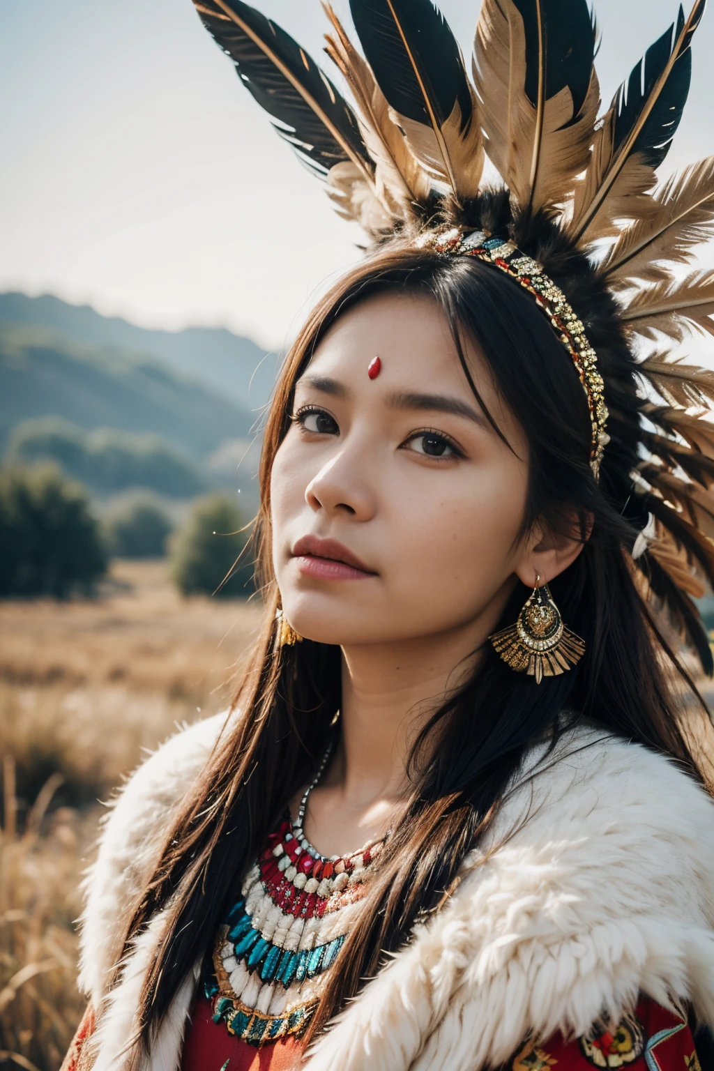 8k, highest quality, ultra details, indigenous woman, traditional attire, feather headdress, tribal patterns, nature background, proud expression, cultural heritage