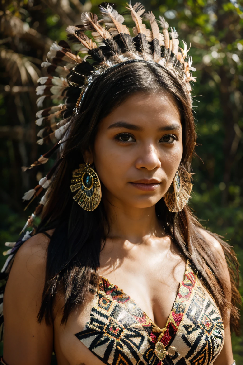 8k, highest quality, ultra details, indigenous woman, traditional attire, feather headdress, tribal patterns, nature background, proud expression, cultural heritage