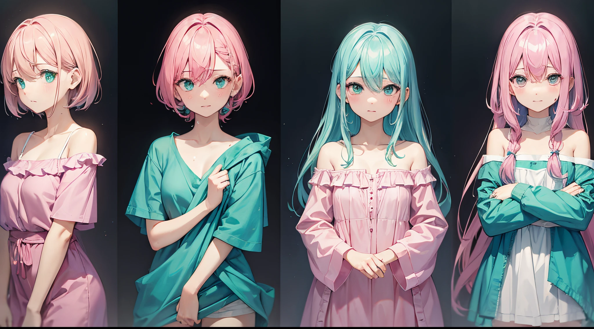 4 shy expression, side to side, pink and cyan hair, green eye, half body photo, wet cloth