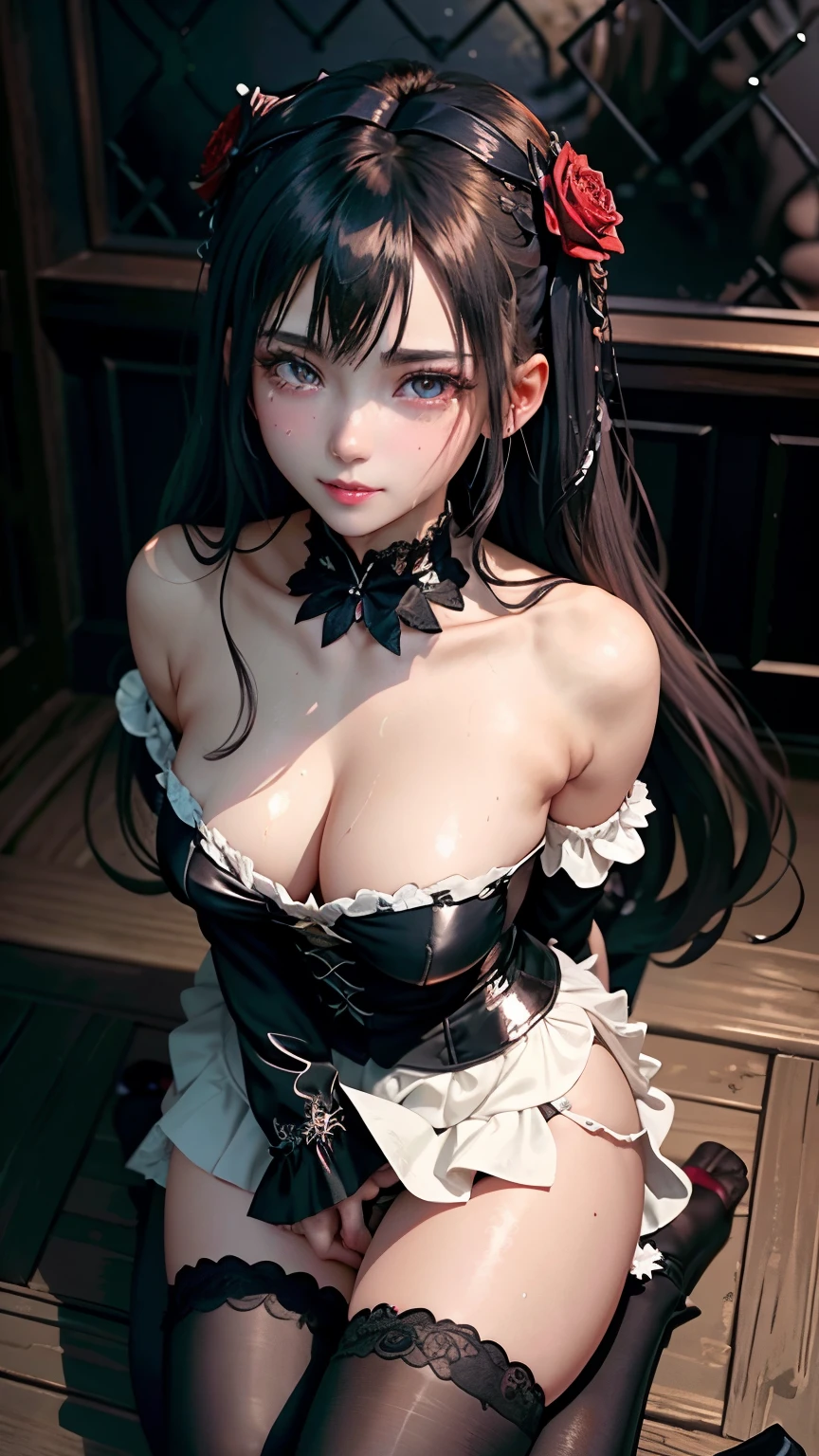 Hard Dark Gothic Makeup、Maniacal、Deep night sky、horor、Black Dark Eyeshadow、crying how bright、mourn、Good skin luster、Long hair straight hair、Dark Gothic Makeup、Dark smile、Restless Palace、Expressions of sexual arousal、Fragrant beauty、22year old、Lying、seductiv、Strong sexual pleasure facial expressions、A look of shame、Dark Gothic、Gothic ta、bell sleeves、Wizard Sleeve、Obscene look、Stained glass background、masutepiece、Best Quality、Refers to 5 books、Sweat glitters on my chest、Expression of sexual pleasure in anguish、Drunken face、maid clothes、Mysterious、noble、Face holding back the toilet、Flirty gothic lolithes、the body is wet and shiny、Transcendent sex appeal、sloppily open your legs、Glitter on thighs、I'm sweating a lot、Breast Size Medium、Affectionate smile、twin-tail hair、Platinum blonde hair、my thighs are extremely wet、Jet black ruffled skirt、Shaded、Blue eyes on the right, red eyes on the left、Gothic bed covered with roses、Transcendent Bewitching Pose、all fours pose、Gravure photography、Masturbating、arch your back、stick out buttocks、Close your eyes and sleep、full body、Pose、crawl on all fours、doggy style pose on bed、glamorous legs、Looking down from above、knee high socks、thigh-high socks、