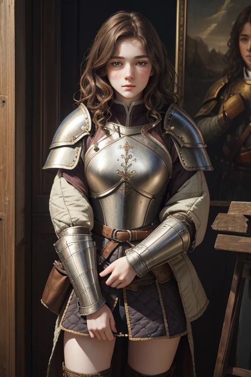 Beautiful girl, short wavy brown hair, rough pale skin, freckles. Goddess, padded armor, cloth armor, baggy shirt, baggy jacket, gambeson, quilted armor, blushing, best quality, oil painting, painting, classical painting