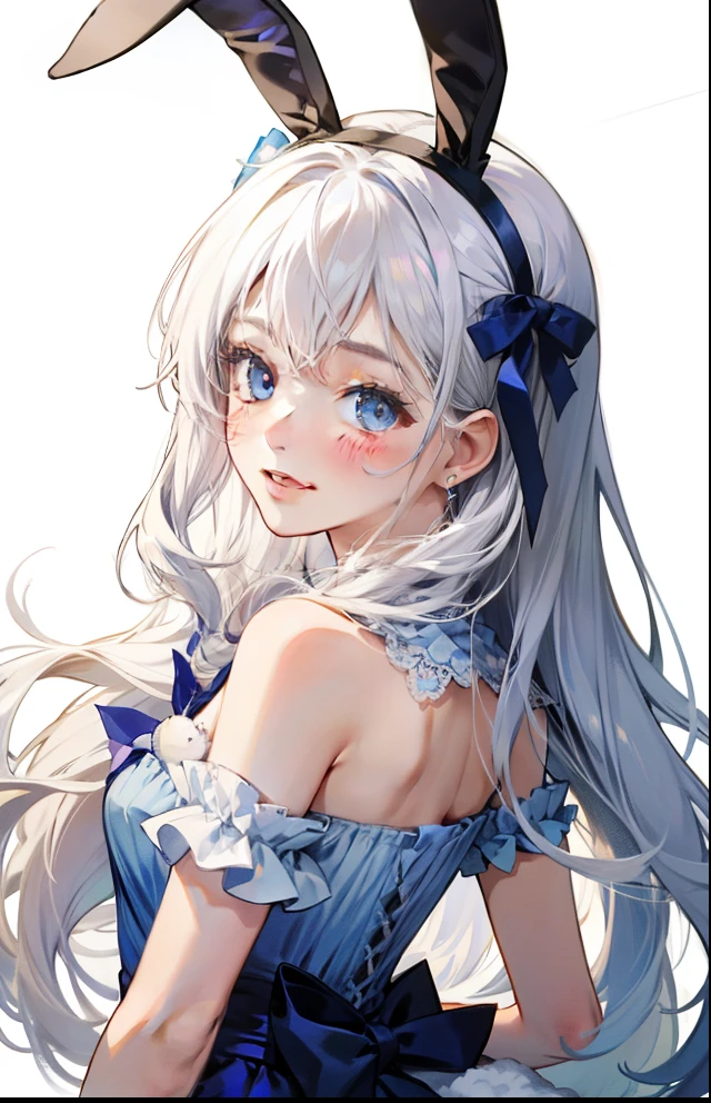 girl with、Background white、without background、white hair、The long-haired、Contrasting bangs、Blue and white dress、frilld、bow ribbon、bunnygirl、Rabbit ears、with blush cheeks、Smiling、kawaii、without background