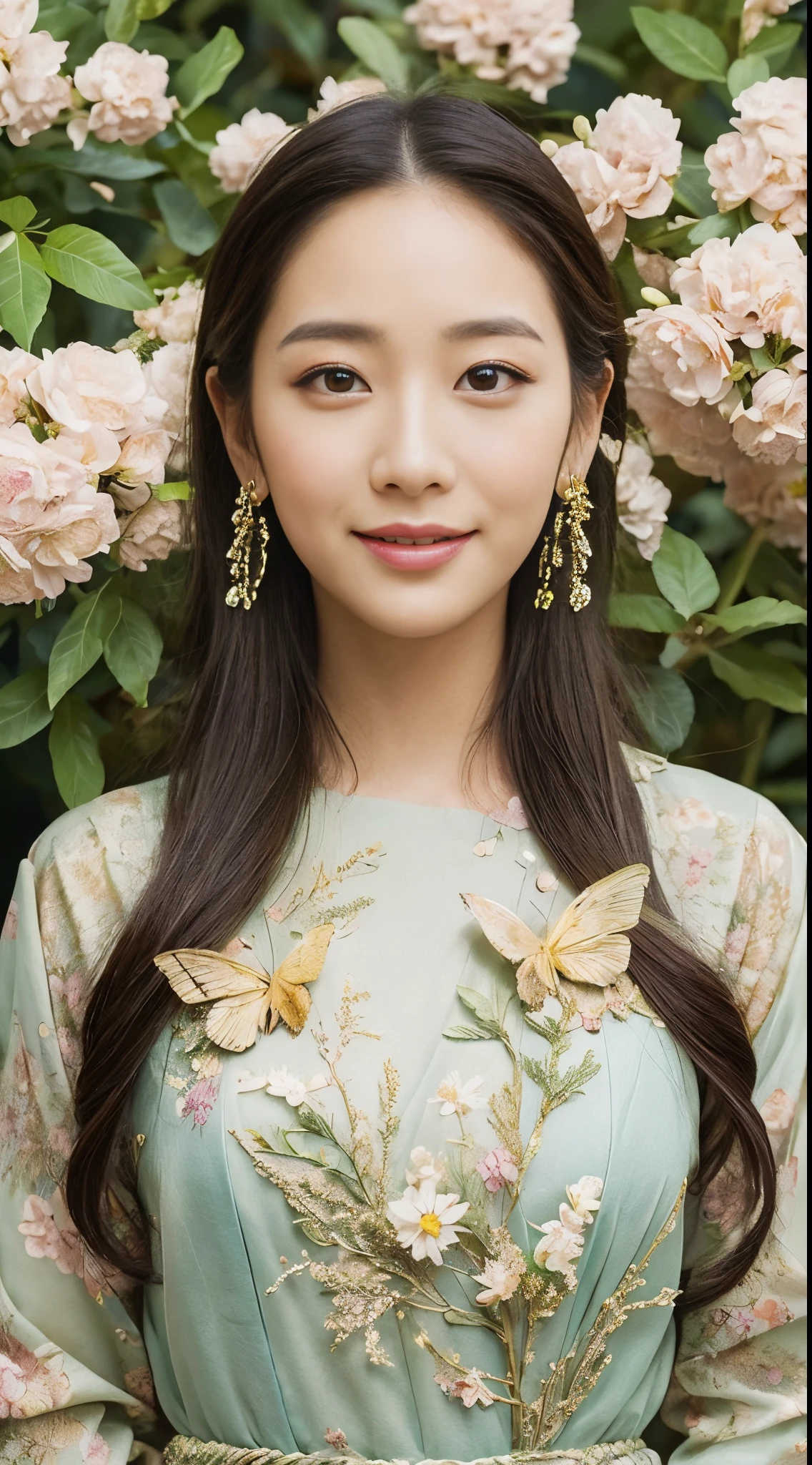 A botanical masterpiece in the style of Marco Mazzoni, detailed, hyper-realistic, elemets of symbolism and surrealism, intricate design, insanely beautiful woman, flowers, birds, diamonds, butterflies, pastel, golden details, looking at the viewer, looking straight to the camera, mysteriously smiling.