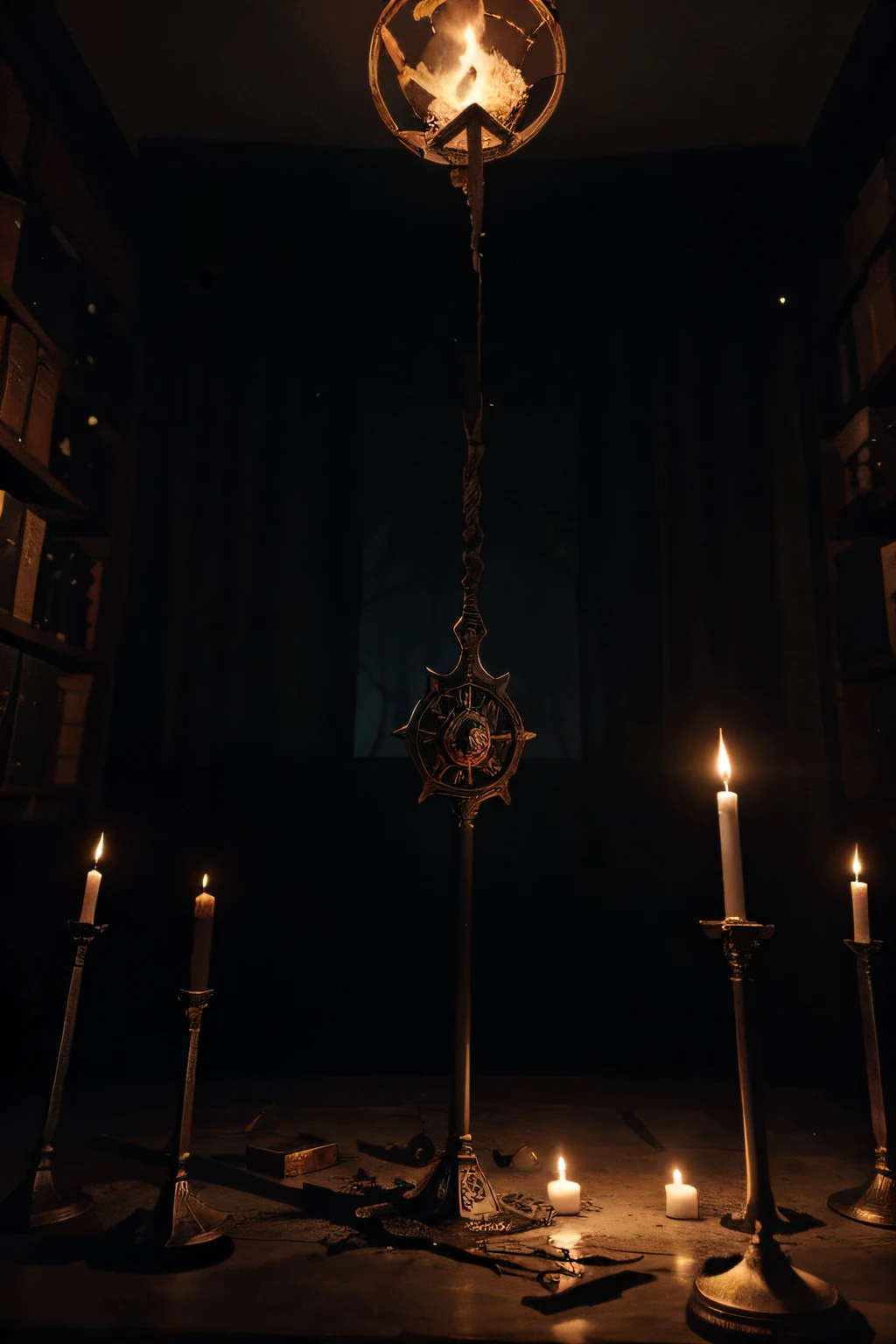 a dark photo, a floating flame in the center, brains, swords, magical and medieval items in the background, a ghastly and mysterious atmosphere