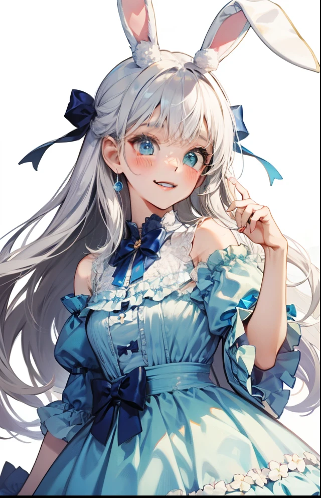 girl with、Background white、without background、white hair、The long-haired、Contrasting bangs、Blue and white dress、frilld、bow ribbon、bunnygirl、Rabbit ears、with blush cheeks、Smiling、kawaii、without background