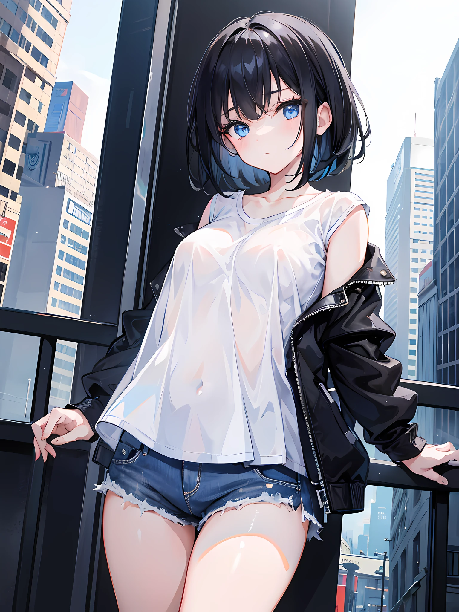 1 girl, short black hair, blue eyes, wearing plain white shirt, denim shorts, city, absurdres, high res, ultrasharp, 8k, masterpiece, looking at viewer