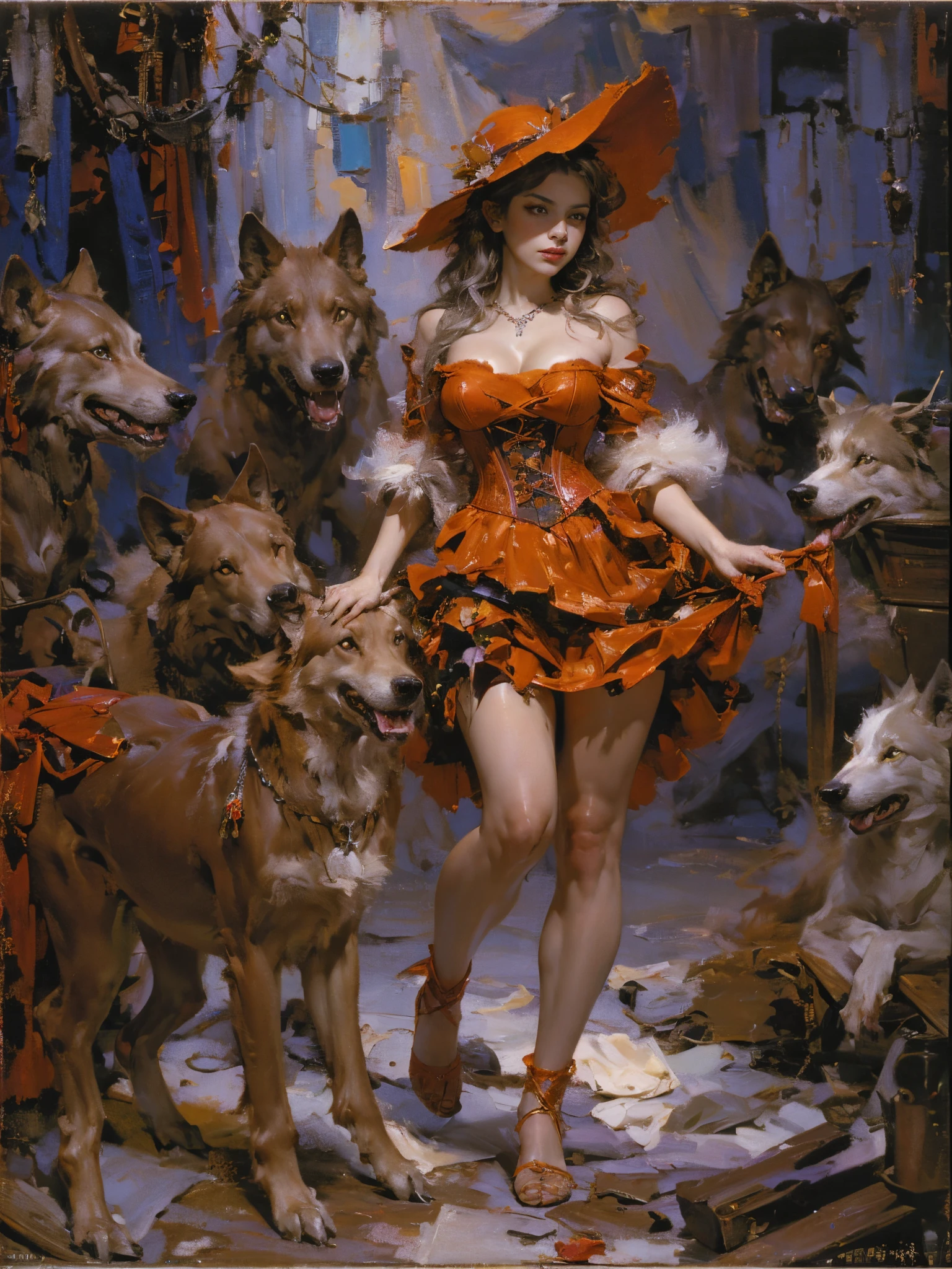 Describes the scene where the girl in red meets the wolf，(((teens girl)))，(((white wolf)))，(((A wolf as big as a man)))，Quiet and harmonious atmosphere，(Clothes are tattered and exposed :1.4)，(((Light brown hair)))，(((golden hair)))，(((Silvery hair)))，Dramatic composition，warm color palette，Correct anatomy，Detailed faces, 詳細な目，（Girls wear：redhood, capes, Big breasts corset, a skirt, reddress，laced dress，Carrying a basket of fruit），Background with：luring，natural  lightting, Candy   House，a fairy world，Close-up cleavage，Sexy legs，((Sexual suggestiveness))，Correct anatomy，Detailed face, Detailed eyes，(post impressionist),(Fechin Oil Painting - Fechin Oil Painting , oil painted), 02