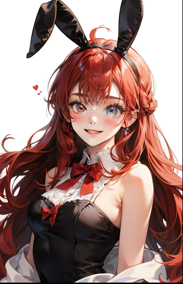 girl with、Background white、without background、Red-haired、The long-haired、Contrasting bangs、Red One Piece、frilld、bow ribbon、bunnygirl、Rabbit ears、with blush cheeks、Smiling、kawaii、without background