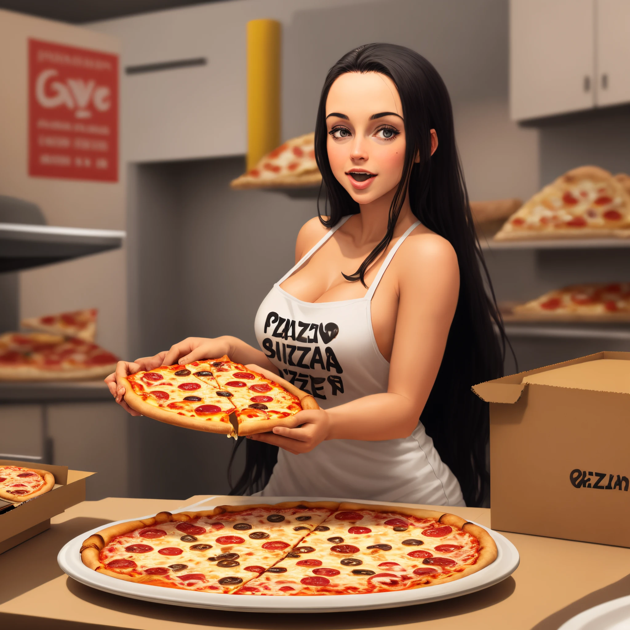 ebony woman, brown skin, fully nude, rock hard nipples, large breasts, large box pepperoni pizza, portal in the background