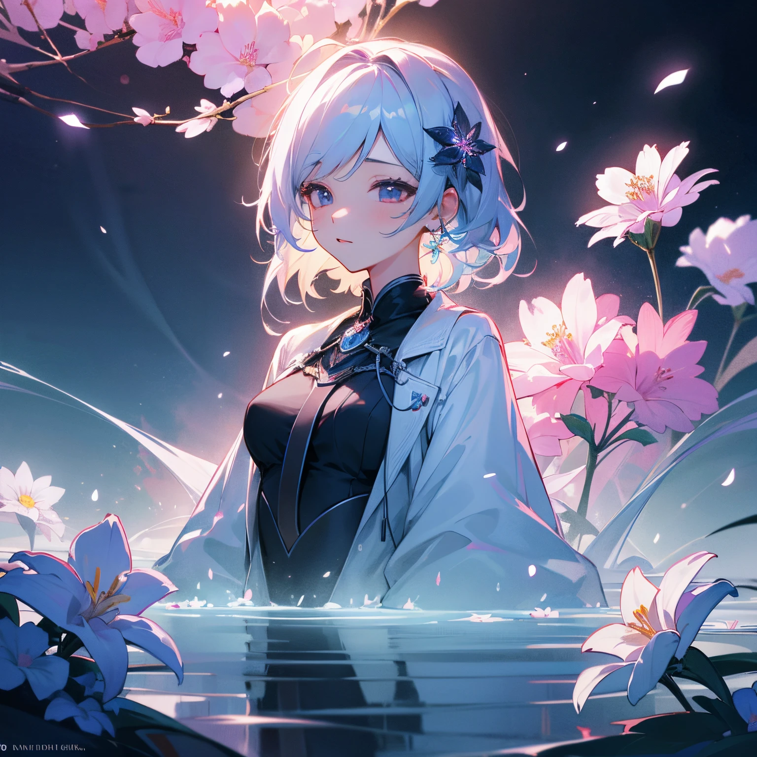 (the Extremely Detailed CG Unity 8K Wallpapers), Lighting, flower sea, Flowers, 1girl in, Upper body, Kpop Idol,