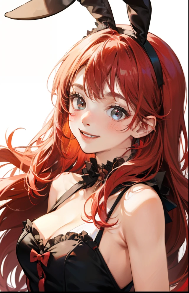 girl with、Background white、without background、Red-haired、The long-haired、Contrasting bangs、Red One Piece、frilld、bow ribbon、bunnygirl、Rabbit ears、with blush cheeks、Smiling、kawaii、without background