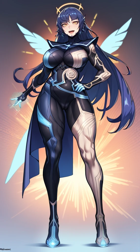 (best quality,masterpiece:1.2),intricate details,beautiful detailed eyes,beautiful detailed lips,extremely detailed eyes and face,longeyelashes,super curvy,comic style,vibrant colors,standing,innocent, full body, standing, smile,, holy magicalgirl, open mouth fang, holy haura, halo, smile, joyfull, paladin, sword holding, full body , boots, standing,cute,breast, curvy, female,fantasy goddess,there is a cartoon picture of a woman with a very large breast, glowing angelic being, glowing holy aura, inspired by Luma Rouge, the non-binary deity of spring, ethereal rainbow nimbus, the butterfly goddess of fire, inspired by Marie Angel, glowing aura around her, astral fairy, as the goddess of the sun, “uwu the prismatic person, big breast, happy, beautiful eyes, , full body, walking, long robe, long dress, ,priestess ,holy, smile, god rays, ray tracing, sparkle, cinematic lighting, UHD, retina, masterpiece, ccurate, anatomically correct, textured skin, super detail, high details, high quality, award winning, best quality, highres, 1080P, HD, 4K, thunder aura, light aura,full body suit