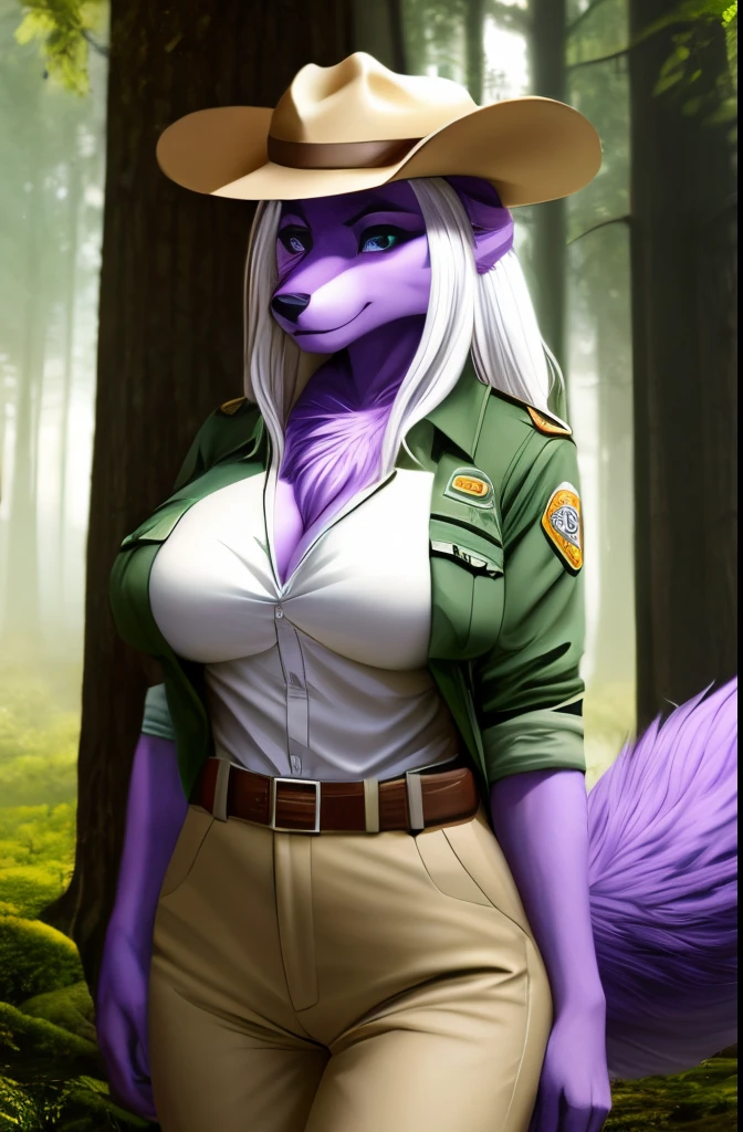 Posted on e621, standing in forest, female fox, cute face, fit body, huge breasts, high detail, UHD, high details, anatomically correct, super detail, 4k, best quality, masterpiece, perfect shadows, perfect lighting, full body should be shown, long hair, (green eyes), white hair, (purple face fur:1.1), light purple fur, (light blue hands:1.5), chest fluff, big fluffy tail, fluffy tail, (white chest tuft:1.6), park ranger outfit, park ranger, forest ranger, brown forest ranger hat, national park ranger, white chest, light blue fur from hands to elbow, un buttoned shirt, exposing breasts, nipples, khaki pants, ears through hat, by Einshelm, by chumie,