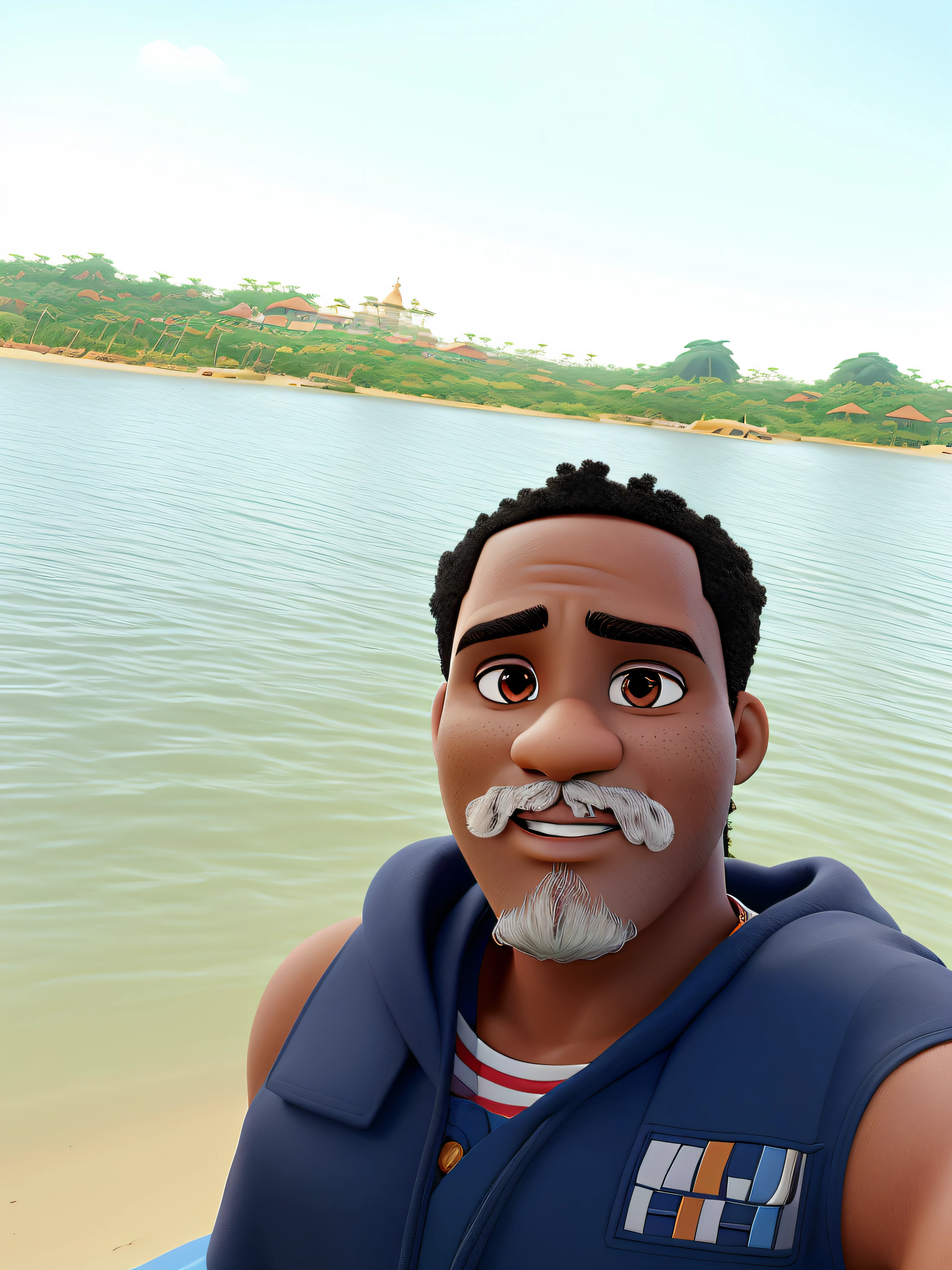 cantor de funk brasileiro, homem preto, 20 anos, com cavanhaque e bigode descolorido de loiro, cabelo e pele afro, preto,  em uma praia, fazendo um show de final de ano, segura um microfone na mao e esta cantando, em estilo desenho animado, estilo Pixar Disney