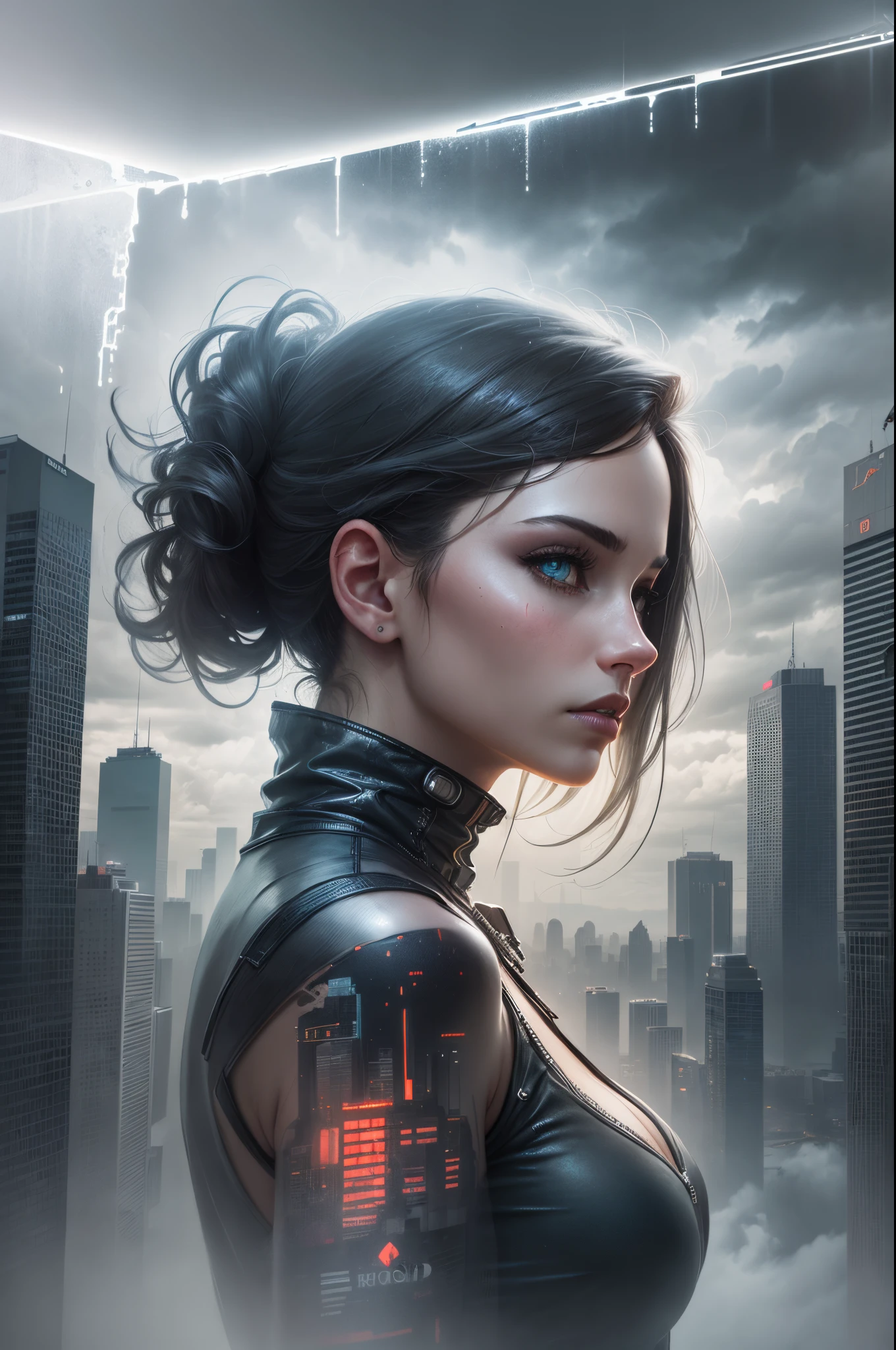 cyberpunk [foggy cityscape in the distance : very pretty girl, city:0.33] immersed in a giant flow of wind, living in a thunder cloud, behind the cloud, (double exposure:1.3), photo by Brandon Woelfelmist, surreal dream, gray atmosphere, rainy day, dynamic, lut, hdr