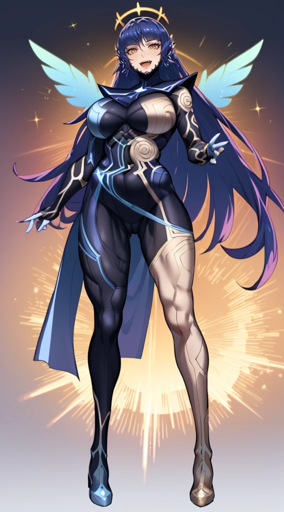 (best quality,masterpiece:1.2),intricate details,beautiful detailed eyes,beautiful detailed lips,extremely detailed eyes and face,longeyelashes,super curvy,comic style,vibrant colors,standing,innocent, full body, standing, smile,, holy magicalgirl, open mouth fang, holy haura, halo, smile, joyfull, paladin, sword holding, full body , boots, standing,cute,breast, curvy, female,fantasy goddess,there is a cartoon picture of a woman with a very large breast, glowing angelic being, glowing holy aura, inspired by Luma Rouge, the non-binary deity of spring, ethereal rainbow nimbus, the butterfly goddess of fire, inspired by Marie Angel, glowing aura around her, astral fairy, as the goddess of the sun, “uwu the prismatic person, big breast, happy, beautiful eyes, , full body, walking, long robe, long dress, ,priestess ,holy, smile, god rays, ray tracing, sparkle, cinematic lighting, UHD, retina, masterpiece, ccurate, anatomically correct, textured skin, super detail, high details, high quality, award winning, best quality, highres, 1080P, HD, 4K, thunder aura, light aura,full body suit