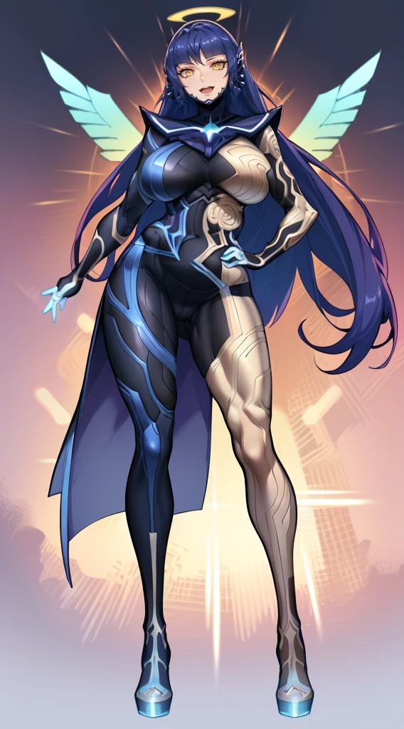(best quality,masterpiece:1.2),intricate details,beautiful detailed eyes,beautiful detailed lips,extremely detailed eyes and face,longeyelashes,super curvy,comic style,vibrant colors,standing,innocent, full body, standing, smile,, holy magicalgirl, open mouth fang, holy haura, halo, smile, joyfull, paladin, sword holding, full body , boots, standing,cute,breast, curvy, female,fantasy goddess,there is a cartoon picture of a woman with a very large breast, glowing angelic being, glowing holy aura, inspired by Luma Rouge, the non-binary deity of spring, ethereal rainbow nimbus, the butterfly goddess of fire, inspired by Marie Angel, glowing aura around her, astral fairy, as the goddess of the sun, “uwu the prismatic person, big breast, happy, beautiful eyes, , full body, walking, long robe, long dress, ,priestess ,holy, smile, god rays, ray tracing, sparkle, cinematic lighting, UHD, retina, masterpiece, ccurate, anatomically correct, textured skin, super detail, high details, high quality, award winning, best quality, highres, 1080P, HD, 4K, thunder aura, light aura,full body suit, hands hon hips