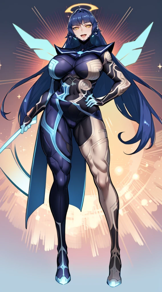 (best quality,masterpiece:1.2),intricate details,beautiful detailed eyes,beautiful detailed lips,extremely detailed eyes and face,longeyelashes,super curvy,comic style,vibrant colors,standing,innocent, full body, standing, smile,, holy magicalgirl, open mouth fang, holy haura, halo, smile, joyfull, paladin, sword holding, full body , boots, standing,cute,breast, curvy, female,fantasy goddess,there is a cartoon picture of a woman with a very large breast, glowing angelic being, glowing holy aura, inspired by Luma Rouge, the non-binary deity of spring, ethereal rainbow nimbus, the butterfly goddess of fire, inspired by Marie Angel, glowing aura around her, astral fairy, as the goddess of the sun, “uwu the prismatic person, big breast, happy, beautiful eyes, , full body, walking, long robe, long dress, ,priestess ,holy, smile, god rays, ray tracing, sparkle, cinematic lighting, UHD, retina, masterpiece, ccurate, anatomically correct, textured skin, super detail, high details, high quality, award winning, best quality, highres, 1080P, HD, 4K, thunder aura, light aura,full body suit, hands hon hips