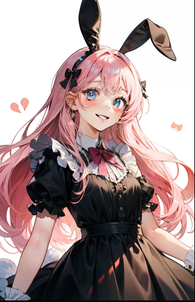 girl with、Background white、without background、Pink hair、The long-haired、Contrasting bangs、White and black dress、frilld、bow ribbon、bunnygirl、Rabbit ears、with blush cheeks、Smiling、kawaii、without background