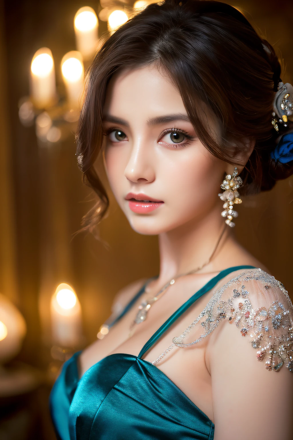 (best quality,4k,highres,masterpiece:1.2), (realistic:1.37), detailed, vibrant colors, beautiful detailed eyes, beautiful detailed lips, seductive, alluring pose, intense emotions, sensual atmosphere, porcelain skin, long flowing hair, delicate features, captivating gaze, bewitching expression, exquisite clothing, fashionable attire, decorative elements, dimly lit room, soft ambient lighting, erotic tension