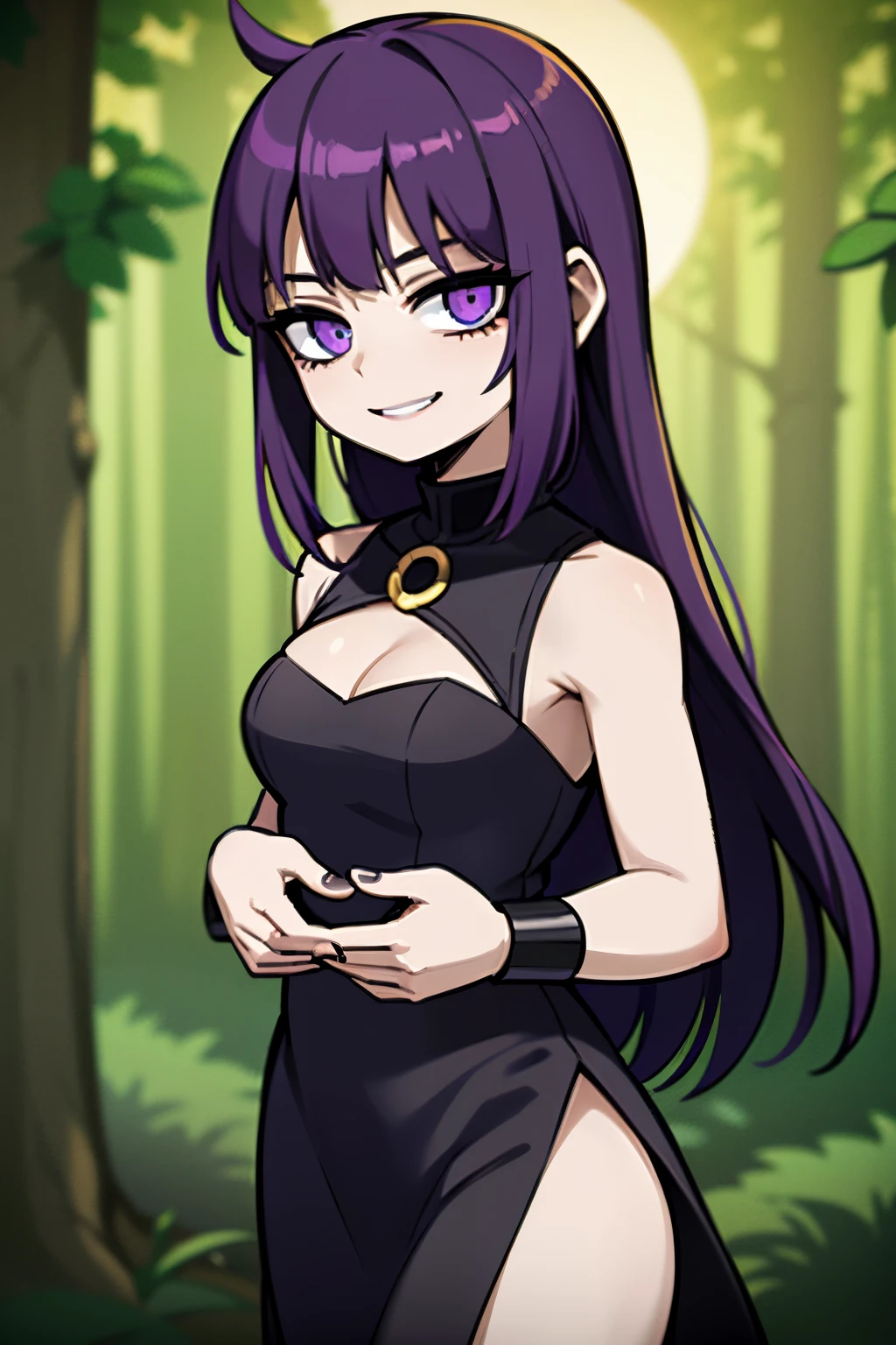 Young woman, purple hair, yellow horns in head, purple eyes, wearing black dress, moon in dress, goth ta, smiling, great eyes, in a forest, looking the stars, night, 4k, masterpiece, looking at viewer, HD labios simples