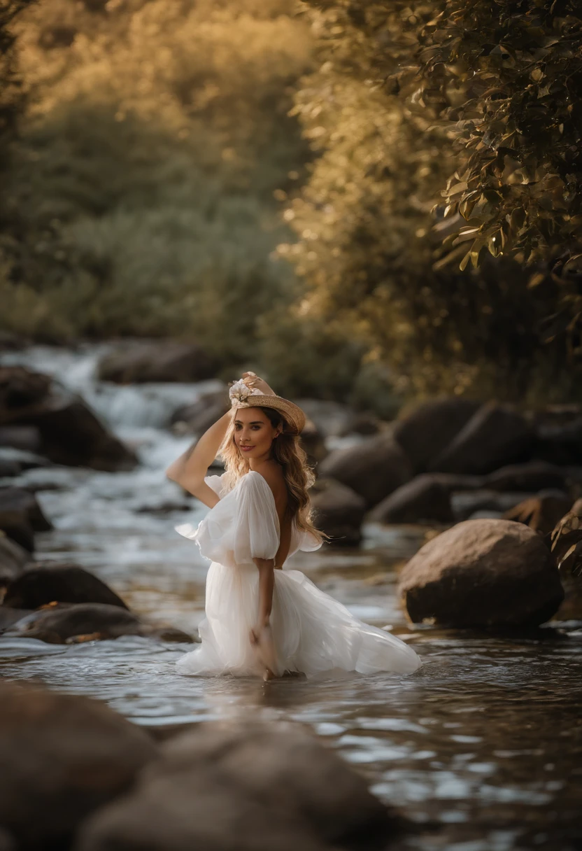 Photos taken by a high-resolution camera，The fine details of the scene are shown。The color palette is dominated by blue and white，Create an atmosphere of harmony and peace。The composition follows the rule of thirds，The stream is babbling，There are faint waves of water，Clear，Long hair woman swimming，Shooting angle：Front or slightly skewed， - Shooting distance：Medium and close-up，The girl&#39;s body takes up most of the frame，Highlight the subject – shoot with light：Natural light or soft artificial light，Girls’ bodies have more vivid colors and textures，Girl&#39;s skin tone is more natural - photoshoot background：Choose from natural scenery with oceans and rivers，Create a harmonious and unified atmosphere - shooting details：Avoid overexposure or darkness，Use plasticine or other tools to remove unwanted reflections - Photograph action：Make the girl smile or look relaxed at the camera