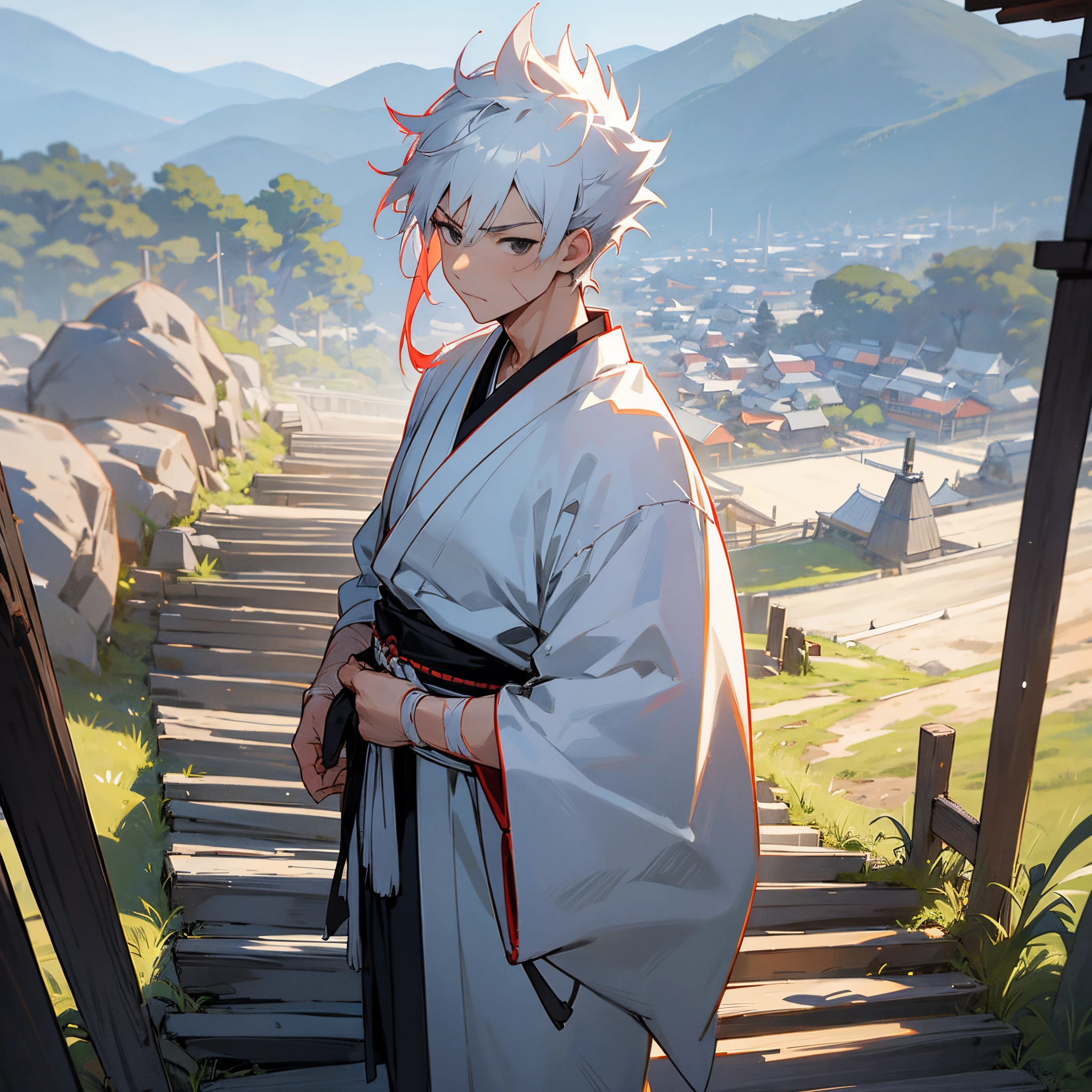 1male, adult, white spiky hair, muscular, black haori, black eyes, scar over nose, white yukata, standing on path, japanese village, serious, facing viewer
