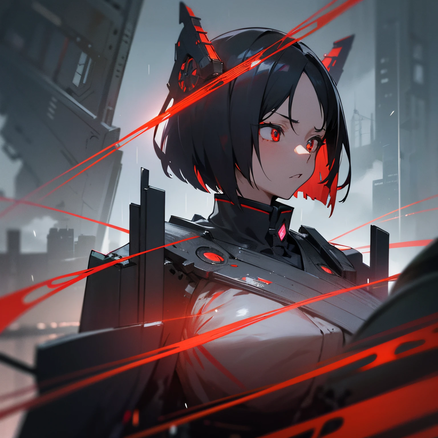 1 japanese girl, War Frame, complex pattern, heavy metal, energy line, Faceless, Glowing eyes, Elegant, Formidable, Blood red and black uniform, Solo, Modern, city, A city scape, dark clouds, thunderstorm, Heavy rain,, Dramatic Lighting,, (masutepiece:1.2), Best Quality, High resolution,   Beautiful detailed, Extremely detailed, Perfect Lighting,