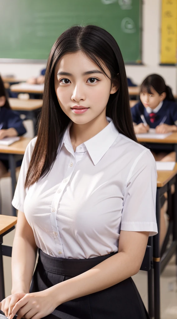 4K,8K,16K,32K, hight resolution ,Realistic, Photorealistic, Raw photo,hyper realistic photography ,Best Quality, High quality, Face Focus ,Symmetrical face, 1woman ,30 years old ,huge breasts, collared shirt, Black pencil skirt,frontage,full body shot,‎Classroom,Sony camera