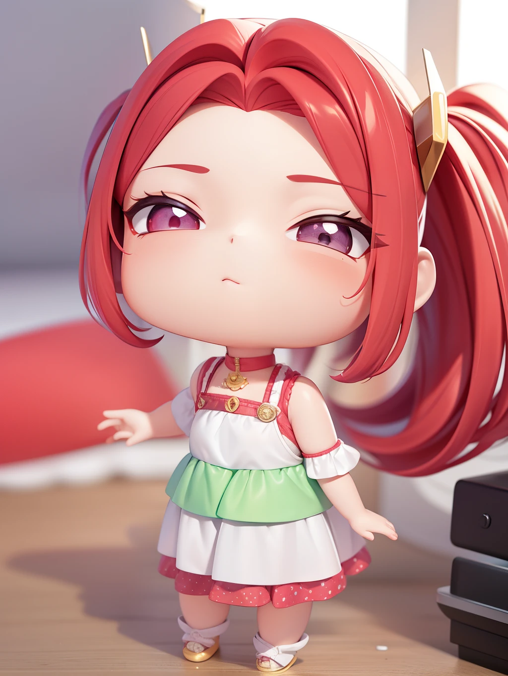 PopMart Blind Box IP, um close-up de uma boneca loira de cabelos longos de vestido vermelho bonito, estilo jovem wanangel, usando pesas em ouro e fluentes, estilo wlop, boneca pocelain, gente pequena; Unreal Engine 5, Lite 3D / C4D production: 8K HD qualidade / Uplighting / ultra-detailed lens representation 1.5, Impeccable, fundo chibi / cinemactic.