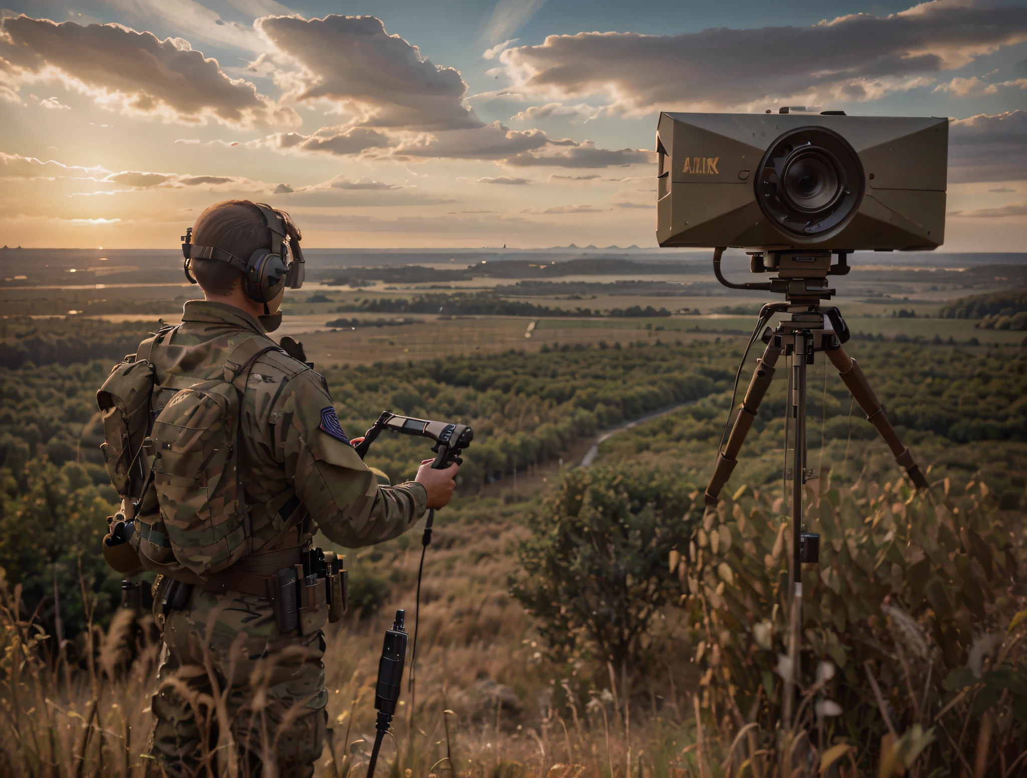 soldier on his back, light brown uniform, wears headphones with microphone, matte brown military uniform, has an advanced portable military radio system, antenna on his back, military radar, belt with ammunition, harnesses, cables, is in a forest, ultra-realistic , 4k, Ultra detailed image, realistic, Highly detailed, perfect composition, gorgeous, Intricately detailed, incredibly detailed, Art photography 8K, hyper detailed, Masterpiece, Ultra detailed, hyper realistic, 4k, Ultra detailed image, realistic, Highly detailed, perfect composition, beautiful, intricately detailed, incredibly detailed, art photography 8k, hyper detailed, masterpiece