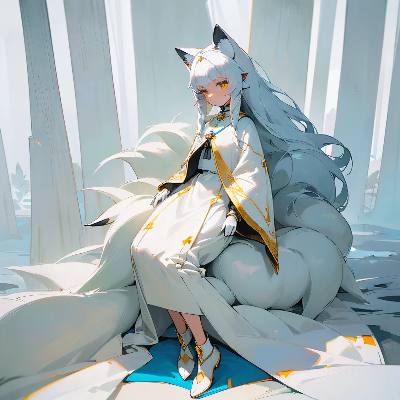 (((solo exhibition)), White and gold clothes, Lots of decorated costumes, (Full body) Take photos of the most beautiful artwork in detail, Intricate details, high detailing, A hyper-realistic, Hidden armor, Small proportions, Realistic anthropomorphic art, (Anthropomorphic art!!!, (((Female human arctic fox priest)), forest, very, Very beautiful human art, Realistic, 8K, No human hair, No repetition, No repeating tail, No clone, No big head