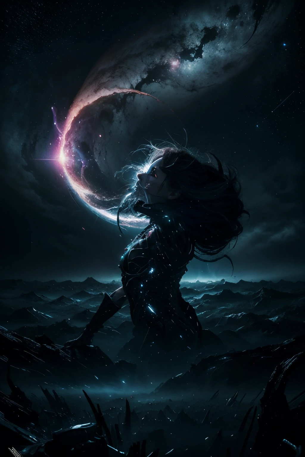 In eerie stillness, a cataclysmic vortex of swirling darkness engulfs everything in its path. This spine-chilling spectacle captures a terrifying singularity event, resembling a photograph frozen in time. The image is hauntingly vivid, showcasing the indescribable power of the black hole as it devours stars and galaxies. The contrast between the inky void and the electric bursts of dying stars creates a stunning visual impact, intensified by the impeccable clarity and vibrant colors of the image. Every detail is impeccably rendered, from the intricate tendrils of the celestial abyss to the piercing terror reflected in distant observers' eyes. This spine-tingling masterpiece captivates viewers and immerses them in the harrowing reality of a universe consumed by an unstoppable force. by alex1shved