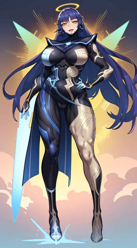 (best quality,masterpiece:1.2),intricate details,beautiful detailed eyes,beautiful detailed lips,extremely detailed eyes and face,longeyelashes,super curvy,comic style,vibrant colors,standing,innocent, full body, standing, smile,, holy magicalgirl, open mouth fang, holy haura, halo, smile, joyfull, paladin, sword holding, full body , boots, standing,cute,breast, curvy, female,fantasy goddess,there is a cartoon picture of a woman with a very large breast, glowing angelic being, glowing holy aura, inspired by Luma Rouge, the non-binary deity of spring, ethereal rainbow nimbus, the butterfly goddess of fire, inspired by Marie Angel, glowing aura around her, astral fairy, as the goddess of the sun, “uwu the prismatic person, big breast, happy, beautiful eyes, , full body, walking, long robe, long dress, ,priestess ,holy, smile, god rays, ray tracing, sparkle, cinematic lighting, UHD, retina, masterpiece, ccurate, anatomically correct, textured skin, super detail, high details, high quality, award winning, best quality, highres, 1080P, HD, 4K, thunder aura, light aura,full body suit, hands hon hips