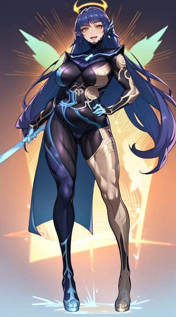 (best quality,masterpiece:1.2),intricate details,beautiful detailed eyes,beautiful detailed lips,extremely detailed eyes and face,longeyelashes,super curvy,comic style,vibrant colors,standing,innocent, full body, standing, smile,, holy magicalgirl, open mouth fang, holy haura, halo, smile, joyfull, paladin, sword holding, full body , boots, standing,cute,breast, curvy, female,fantasy goddess,there is a cartoon picture of a woman with a very large breast, glowing angelic being, glowing holy aura, inspired by Luma Rouge, the non-binary deity of spring, ethereal rainbow nimbus, the butterfly goddess of fire, inspired by Marie Angel, glowing aura around her, astral fairy, as the goddess of the sun, “uwu the prismatic person, big breast, happy, beautiful eyes, , full body, walking, long robe, long dress, ,priestess ,holy, smile, god rays, ray tracing, sparkle, cinematic lighting, UHD, retina, masterpiece, ccurate, anatomically correct, textured skin, super detail, high details, high quality, award winning, best quality, highres, 1080P, HD, 4K, thunder aura, light aura,full body suit, hands hon hips
