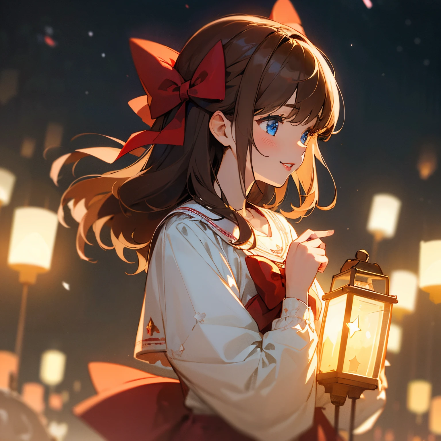 (Extremely delicate and beautiful: 1.2), 1girl in, Bangs, Blue eyes, blur, blur backgroun, Bow, Brown hair, Shut up, Side view, hair between eye, Hair Bow, lantern, light Particle, Long sleeves, Watch the audience, Medium Hair, Night, Red bow, Solo, Stars(symbol), Upper body, Smile, Red lips
