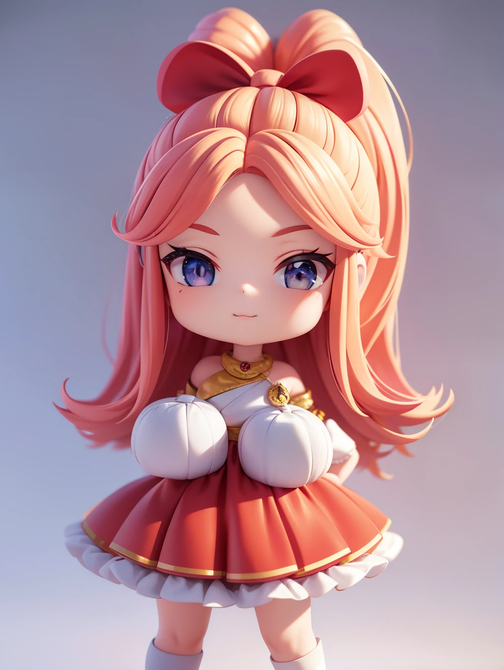 PopMart Blind Box IP, um close-up de uma boneca loira de cabelos longos de vestido vermelho bonito, estilo jovem wanangel, usando pesas em ouro e fluentes, estilo wlop, boneca pocelain, gente pequena; Unreal Engine 5, Lite 3D / C4D production: 8K HD qualidade / Uplighting / ultra-detailed lens representation 1.5, Impeccable, fundo chibi / cinemactic.
