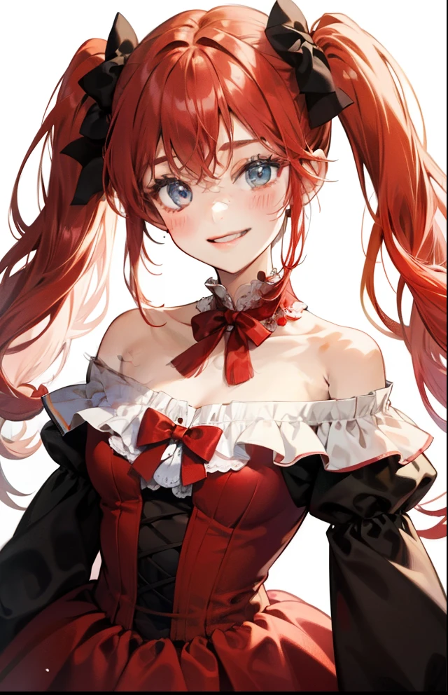 girl with、Background white、without background、Red-haired、long double knot、Long twin tails、Contrasting bangs、Long Sleeve Off-Shoulder Dress、bow ribbon、with blush cheeks、Smiling、kawaii、without background