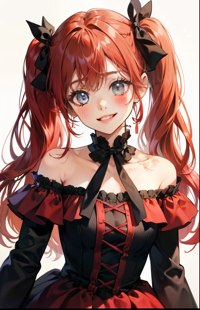 girl with、Background white、without background、Red-haired、long double knot、Long twin tails、Contrasting bangs、Long Sleeve Off-Shoulder Dress、bow ribbon、with blush cheeks、Smiling、kawaii、without background
