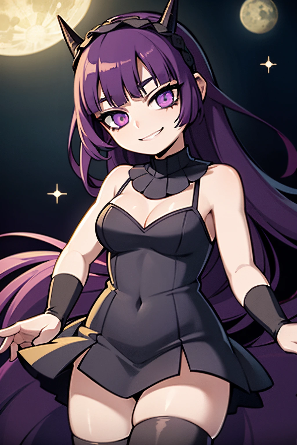 Young woman, purple hair, yellow horns in head, purple eyes, wearing black dress, moon in dress, goth ta, smiling, great eyes, in a forest, looking the stars, night, 4k, masterpiece, looking at viewer, HD labios simples