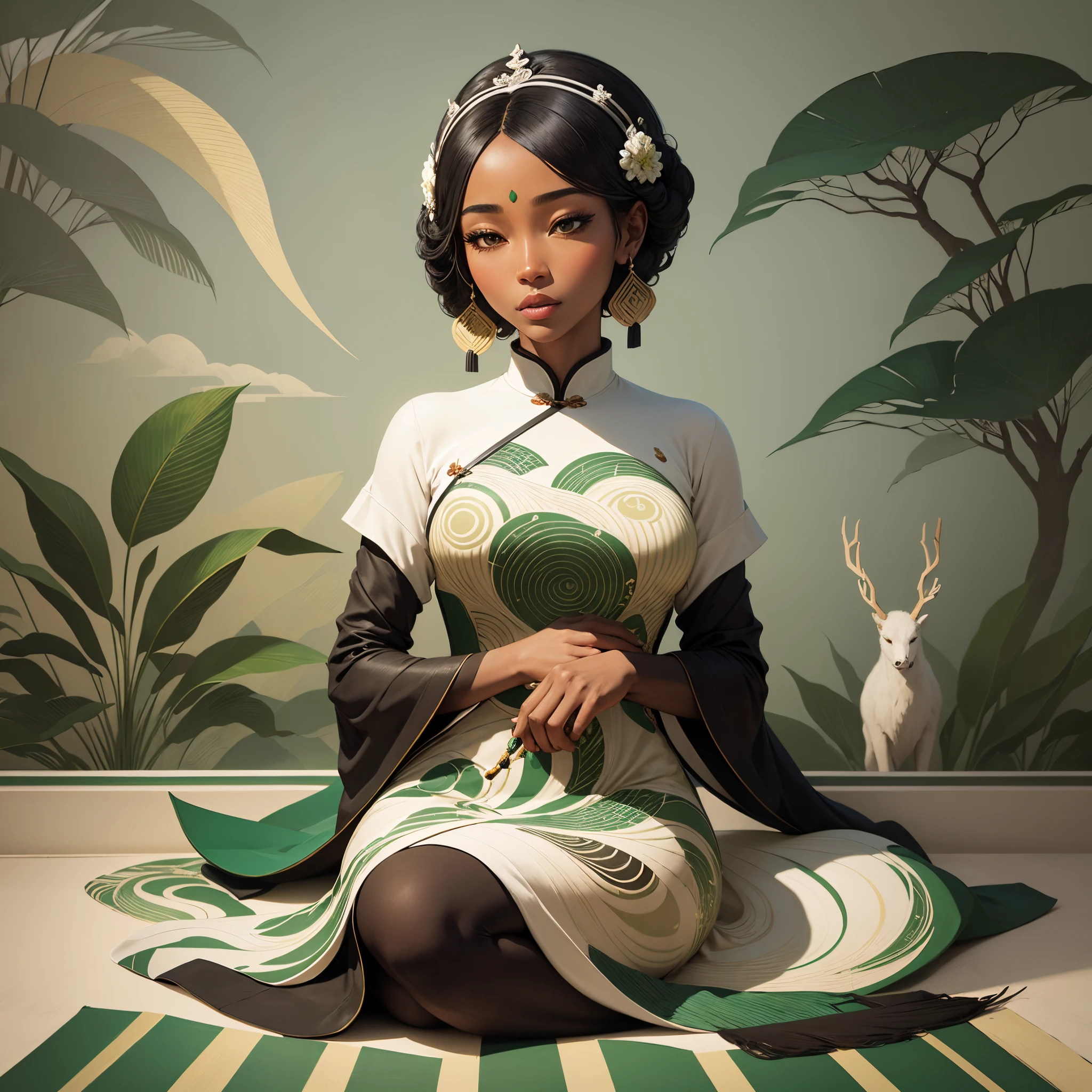 Minimalist Song dynasty mural by Alessandro Gottardo, Dream of wildlife and nature blended with beautiful black woman dressed in African designed clothes, majestic view filled with warmth and happiness, Zen, green and light beige style, enigmatic figures, Fine brushwork style, new Chinese style, aesthetic conception, Eastern aesthetics, landscape painting in a museum of mirrors, --auto --s2