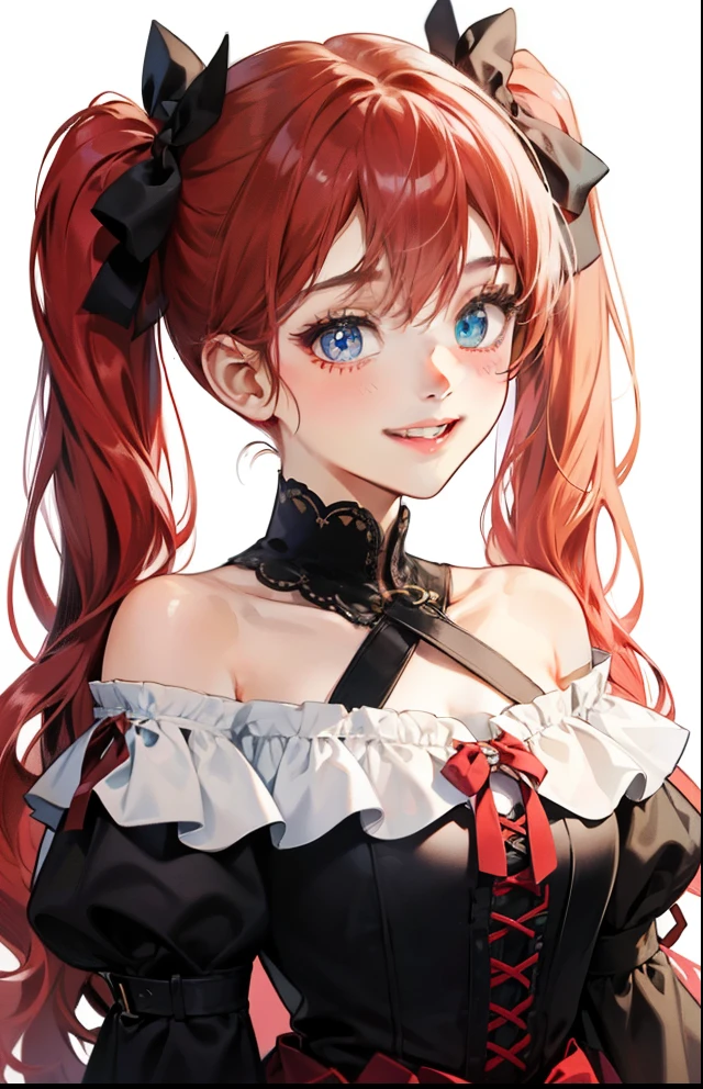 girl with、Background white、without background、Red-haired、long double knot、Long twin tails、Contrasting bangs、Long Sleeve Off-Shoulder Dress、bow ribbon、with blush cheeks、Smiling、kawaii、without background
