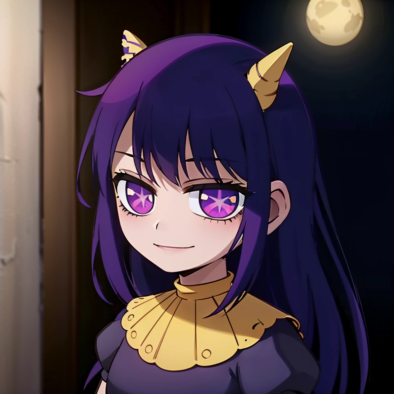Young woman, purple hair, yellow horns in head, purple eyes, wearing black dress, moon in dress, goth lolita, smiling, great eyes, in a forest, looking the stars, night, 4k, masterpiece, looking at viewer, HD labios simples