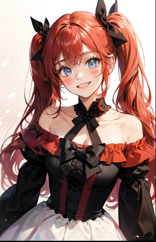 girl with、Background white、without background、Red-haired、long double knot、Long twin tails、Contrasting bangs、Long Sleeve Off-Shoulder Dress、bow ribbon、with blush cheeks、Smiling、kawaii、without background