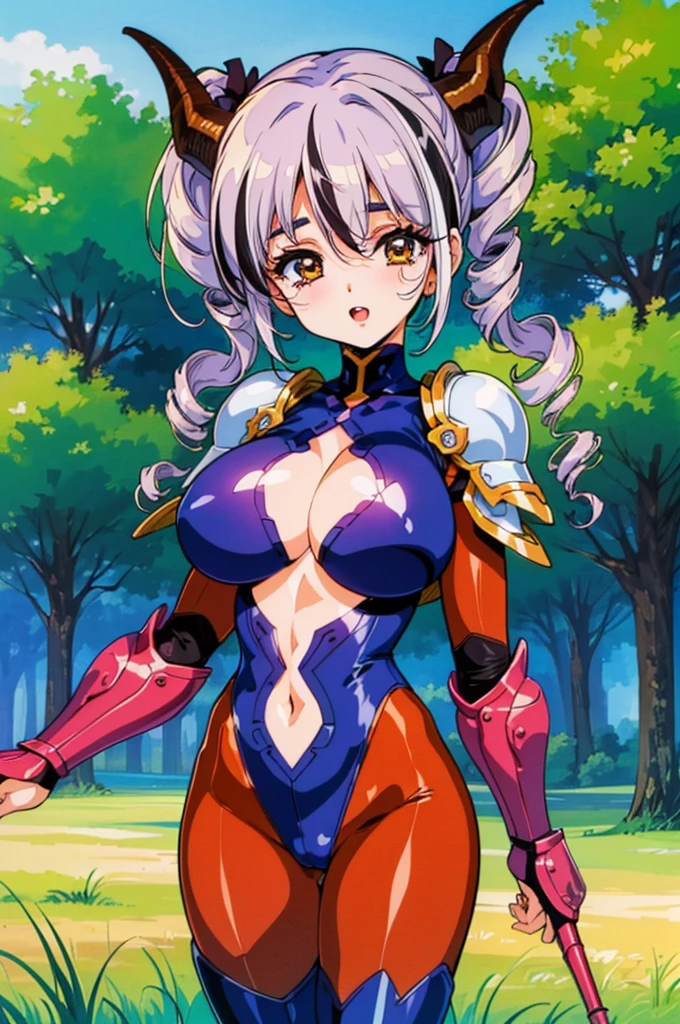 "(masterpiece:1.1), best quality,
1girl, (80s anime style:1.3), (eyelashes:1.5), (:1.2),
(intricate high detailed body:1.2),
indigo hair, (hair over one eye:1.1), (twintails, drill hair:1.2), (demon horns:1.2),
brown eyes,
(muscular body:1.1), (gigantic breasts:1.5),
(expressionless:1.2), open mouth,
(see-through lace body suit armor, underboob cutout:1.2), (pantyhose:1.2),
(knight armor, armored boots:1.2), (frill:1.1), (streaked hair:1.2), sleeve,
standing, leaning forward,
(upper body, cowboy shot, looking at viewer, from front:1.1),
(daytime, grassland, outdoors:1.2)"