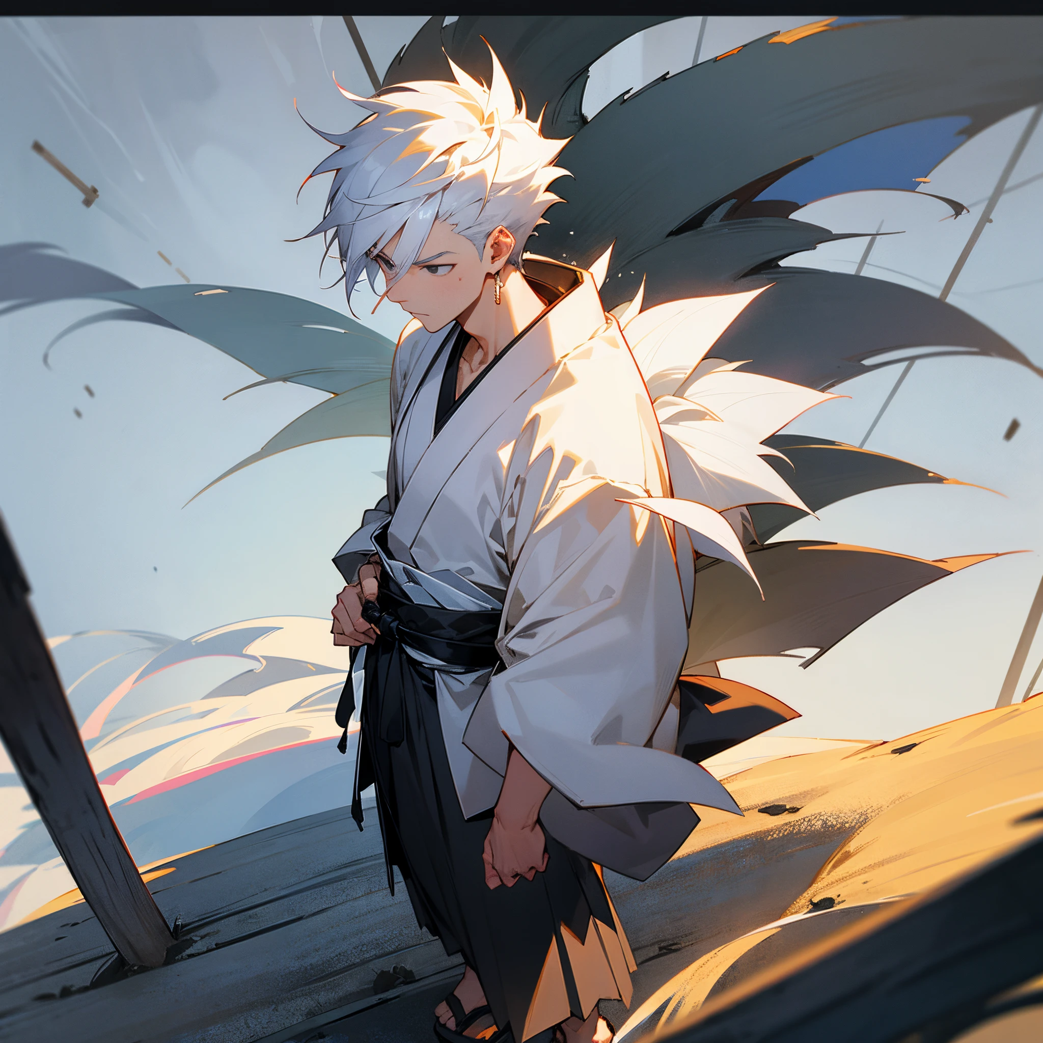 1male, adult, white spiky hair, muscular, black haori, black eyes, scar over nose, white yukata, standing on path, japanese village, serious, facing viewer