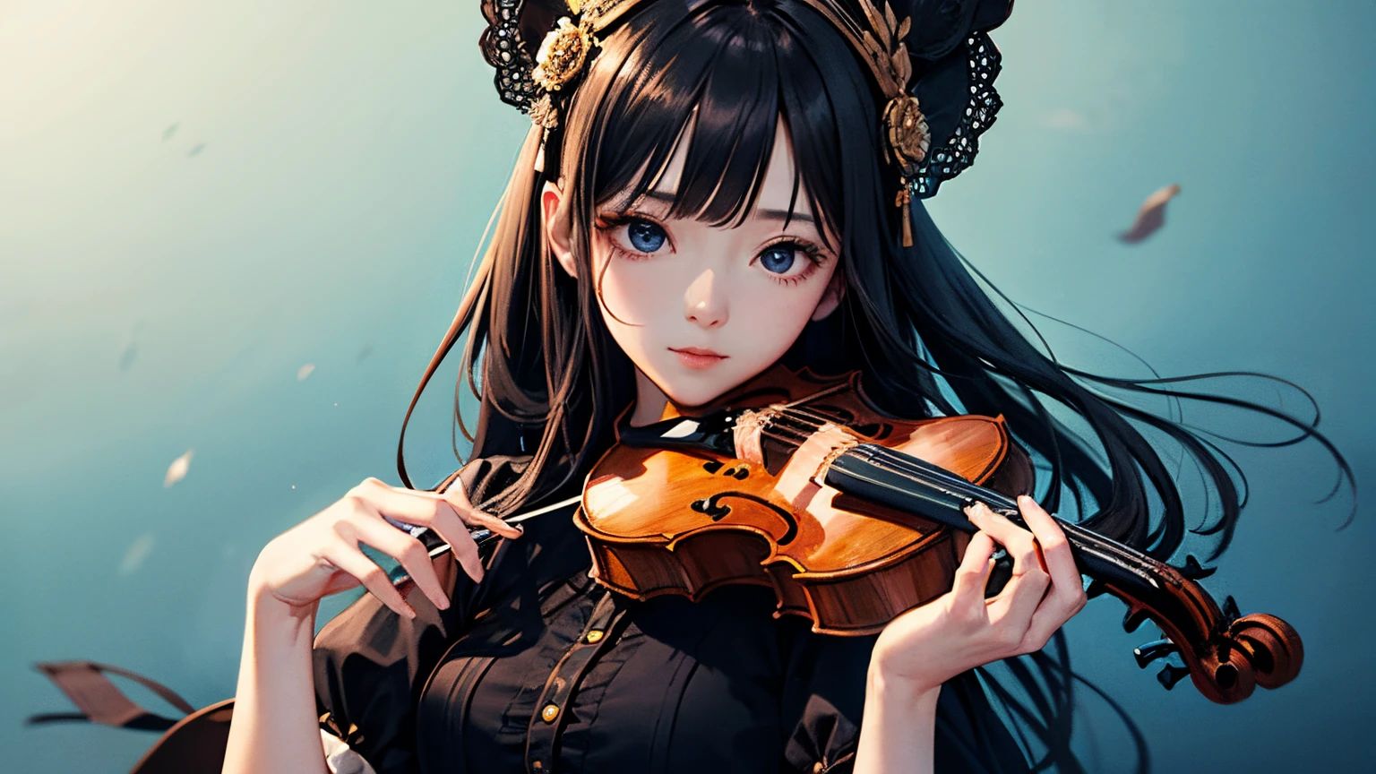 SF、Beautiful android playing the violin、Well-formed and beautiful face、Fantastical、Beautiful depiction、Beautiful composition、Masterpiece、8K