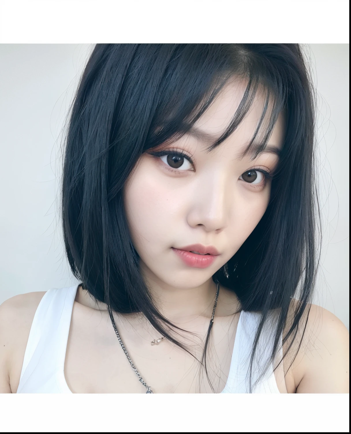 um close up de uma mulher com um cabelo preto e um batom vermelho, Ulzzang, com cabelos curtos, cabelo blackbangs cabelo, Ela tem cabelo preto com franja, Dom Yunjoo, com cabelo curto com franja, com franja, com franja completa, preto hime corte cabelo, franja preta, cabelo whitebangs cabelo, maquiagem sul-coreana popular, menina coreana